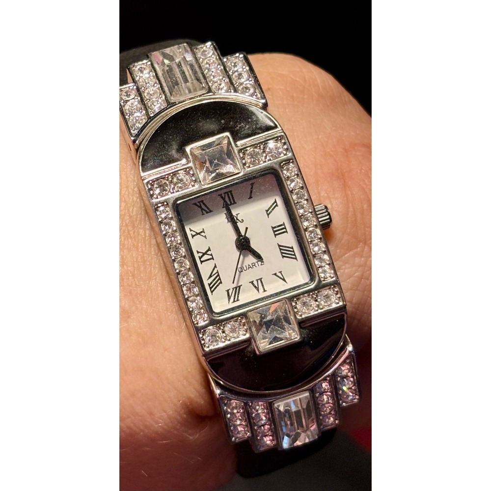 Franz Xavier B9301 Art Deco Crystal Dress Watch Silver Tone Black Strap Quartz